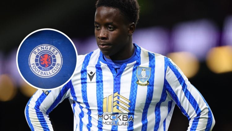 Former Sheffield Wednesday star Djeidi Gassama. Inset, Rangers badge.