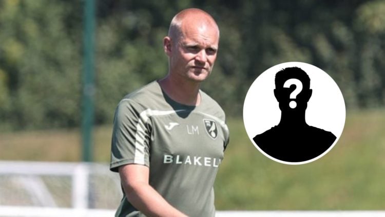 Norwich City manager Liam Manning. Inset, mystery player graphic.