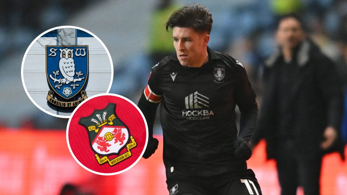 Former Sheffield Wednesday star Josh Windass. Inset, Sheffield Wednesday badge and Wrexham badge.