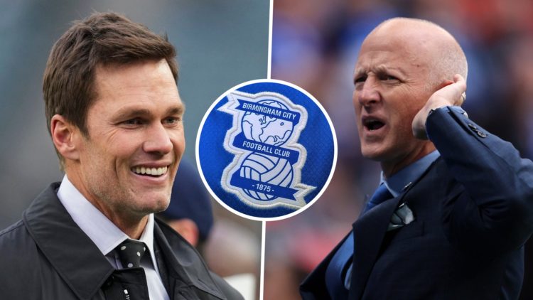 Birmingham City owners Tom Brady and Tom Wagner. Overlaid, the Birmingham City FC badge