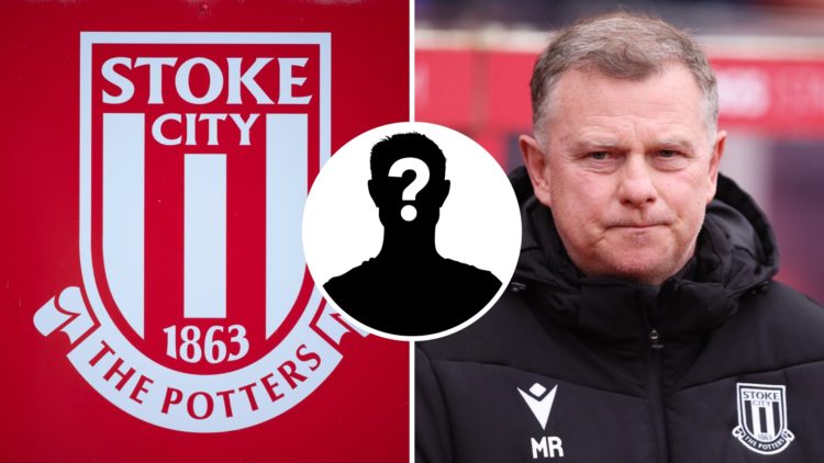 Stoke City FC badge and Stoke City manager Mark Robins before a Championship game. Inset, a mystery player