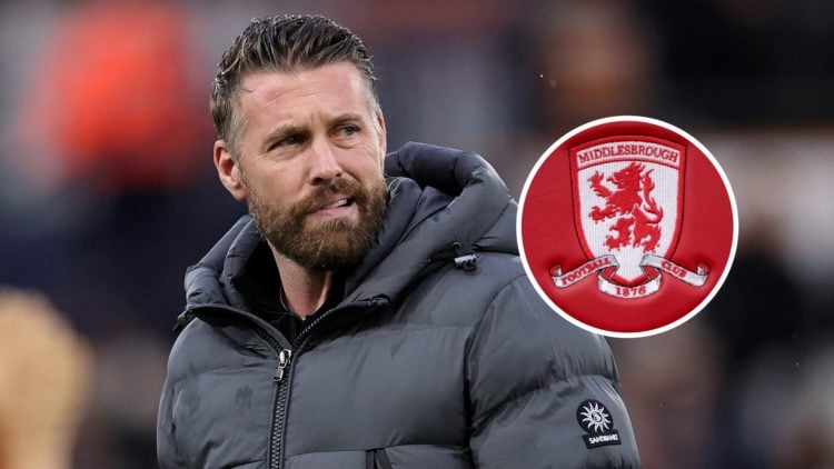 Middlesbrough manager Rob Edwards. Inset, Middlesbrough badge.