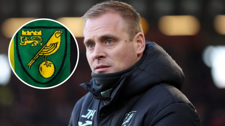 Former Norwich City head coach Johannes Hoff Thorup reacts during a Championship game. Inset, the Norwich City FC badge