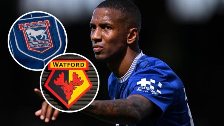 Ashley Young reacts during a Premier League game for Everton. Inset, Ipswich Town and Watford FC badges