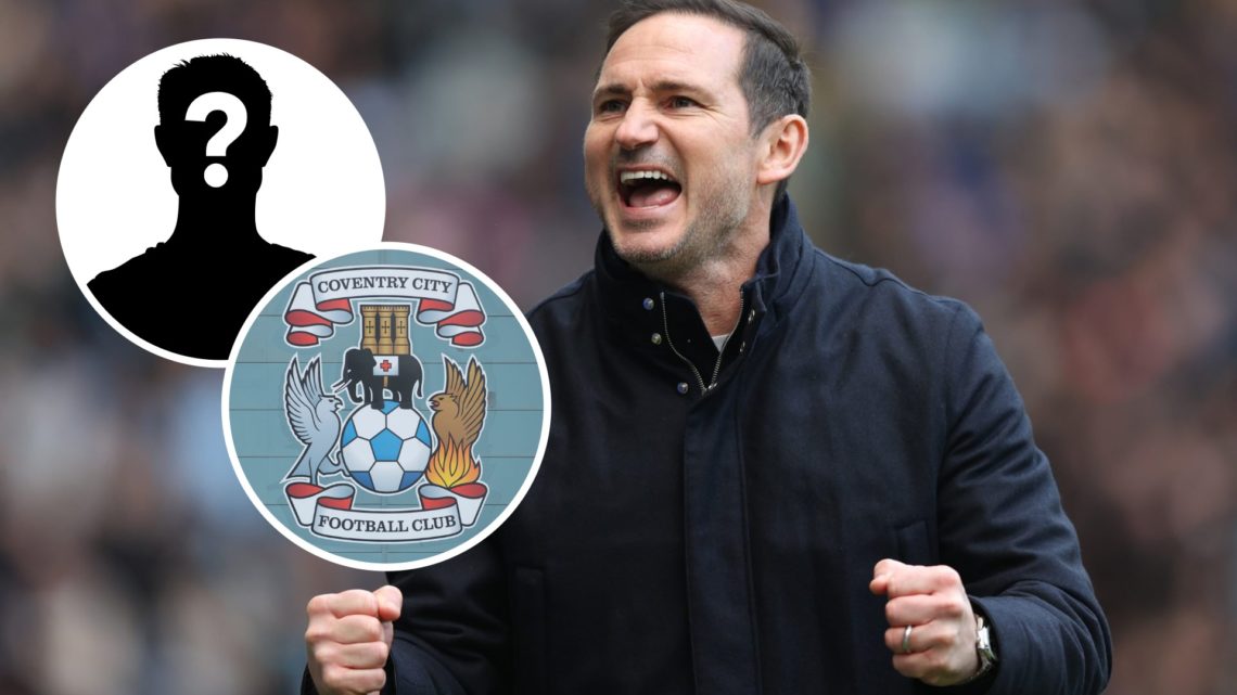 Coventry City FC manager Frank Lampard celebrates during a Championship game. Inset, the Coventry City FC badge and a mystery player