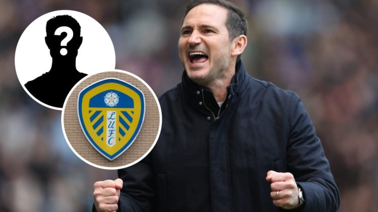 Coventry City FC manager Frank Lampard celebrates during a Championship game. Inset, the Leeds United FC badge and a mystery player