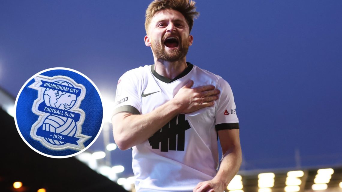 Birmingham City striker Alfie May. Inset, Birmingham City badge.