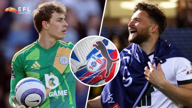 Split image of Leicester's Mads Hermansen (L) and Birmingham's Alfie May (R). Inset, EFL logo.