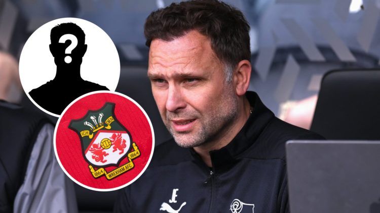Derby County FC manager John Eustace before a Championship game. Inset, the Wrexham FC badge and a mystery player