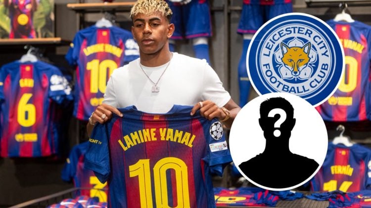 Lamine Yamal is presented with the number 10 shirt after signing a new contract with Barcelona, an inset of a detailed view of the Leicester City b...