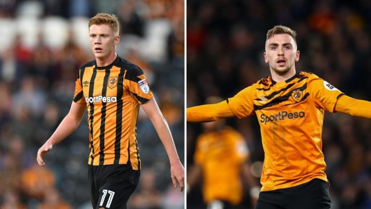 Left, Sam Clucas of Hull City during the Sky Bet Championship match between Hull City and Wolverhampton at KCOM Stadium. Right, Jarrod Bowen of Hul...