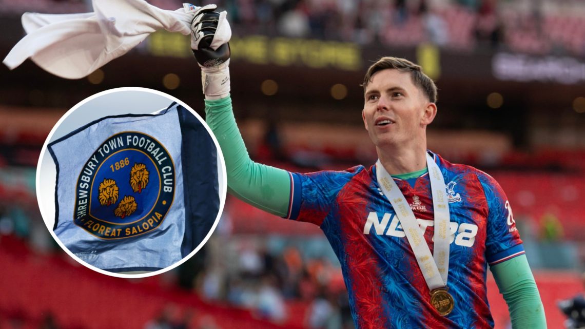 Crystal Palace goalkeeper Dean Henderson celebrates FA Cup win against Manchester City. Inset, the Shrewsbury Town FC badge