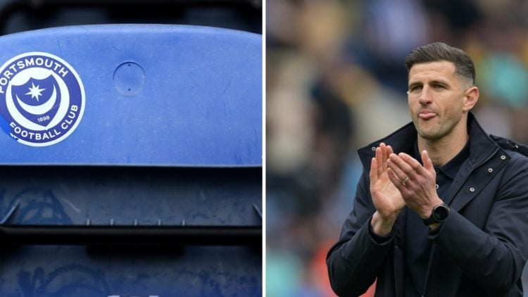 A sticker of the Portsmouth badge on a seat at Fratton Park, John Mousinho arrives before Sheffield Wednesday vs Portsmouth