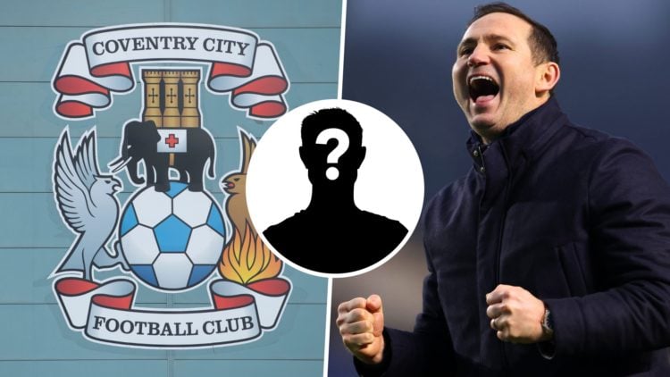 Coventry City FC badge and Coventry City FC manager Frank Lampard reacts after a Championship win. Overlaid, a mystery player