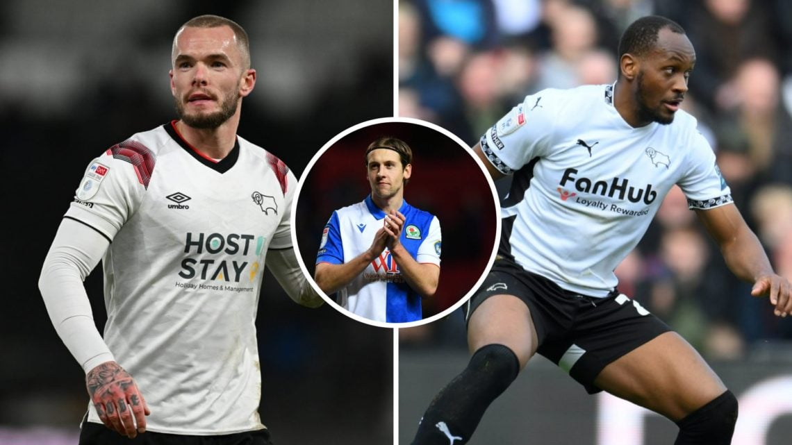 Joe Ward of Derby during the Bristol Street Motors Trophy match between Derby County and Bradford City (L). Ryan Nyambe of Derby County participate...