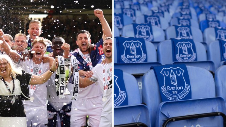 Port Vale lift the Sky Bet League Two runners up trophy after winning promotion, Everton scarves are laid out on seats before the club's final game...