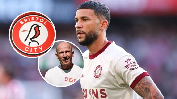 Nahki Wells reacts during a Championship game for Bristol City. Inset, the Bristol City FC badge and Gerhard Struber