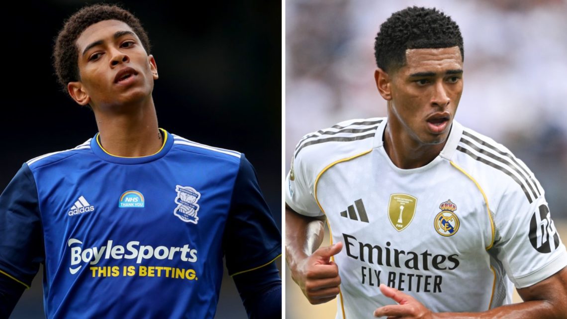 Jude Bellingham playing for Birmingham City in 2020. Jude Bellingham playing for Real Madrid in 2025, July.