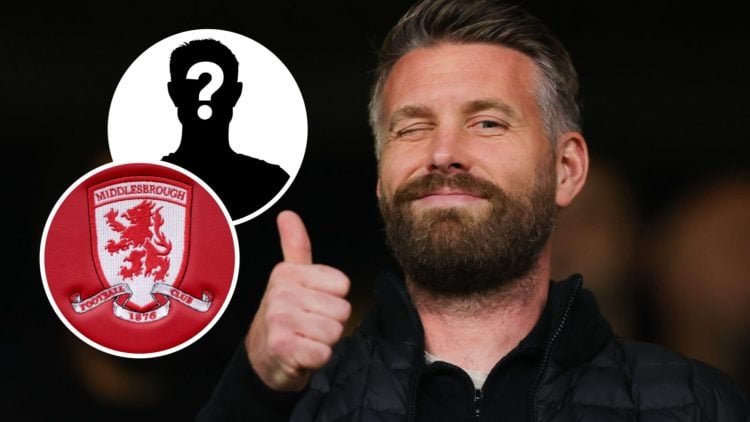 Middlesbrough FC manager Rob Edwards. Inset, the Middlesbrough FC badge and a mystery player