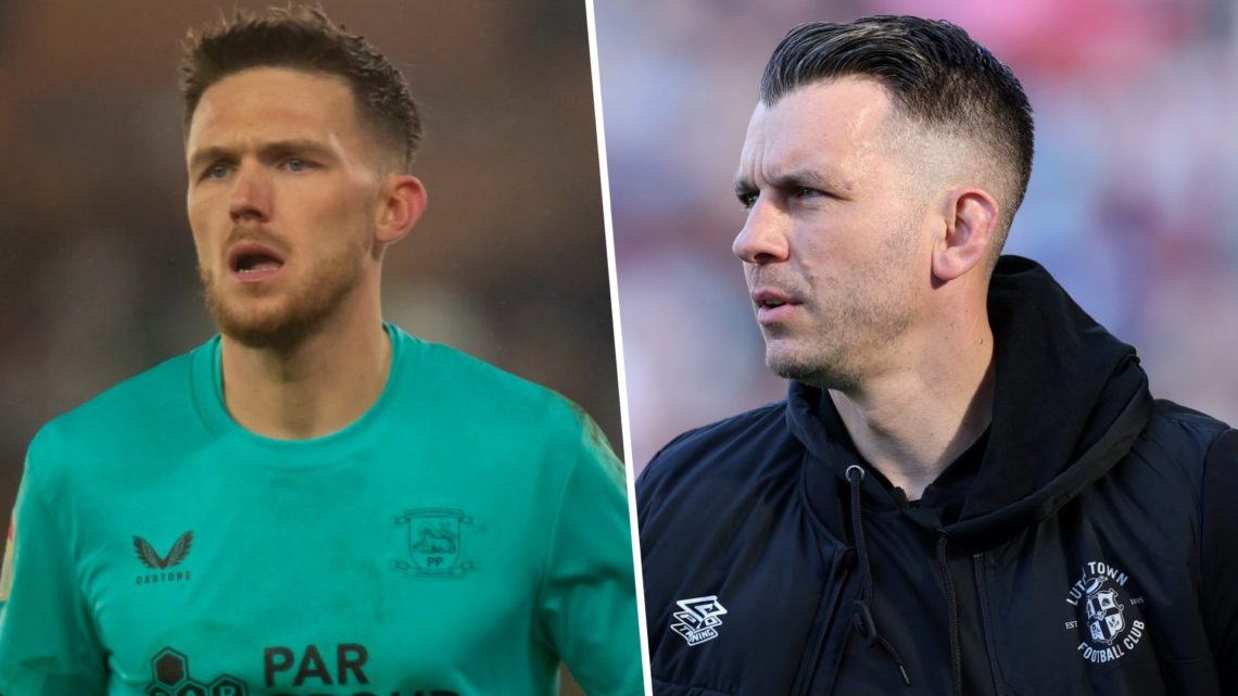 Freddie Woodman playing for Preston North End in Championship. Matt Bloomfield Luton manager during Championship fixture.