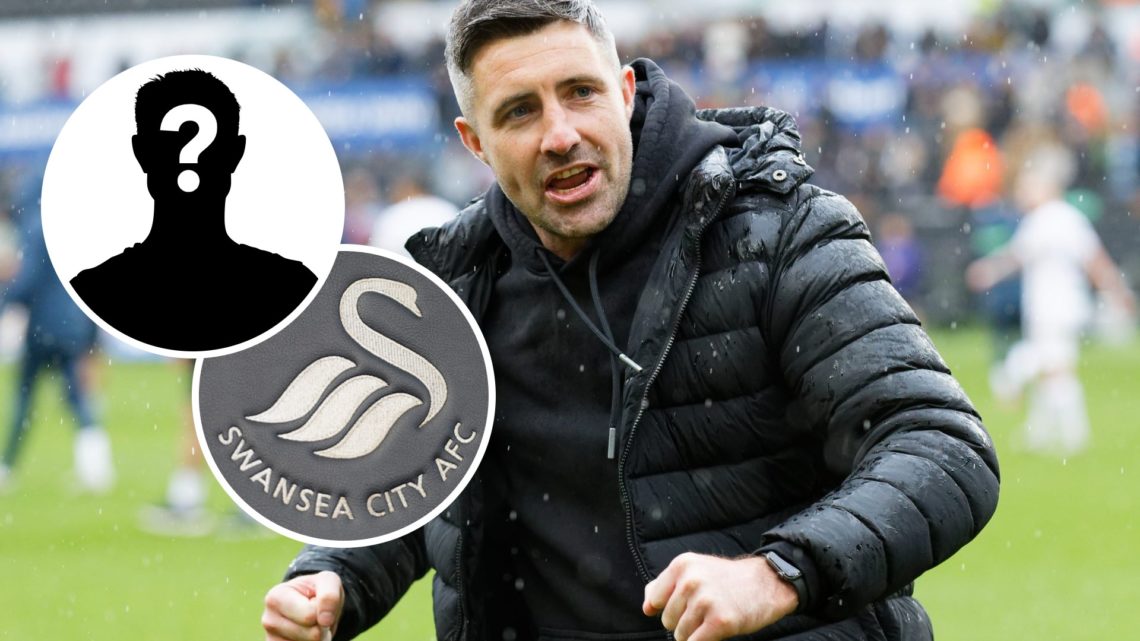 Swansea City FC head coach Alan Sheehan celebrates after a Championship game. Inset, the Swansea City FC badge and a mystery player