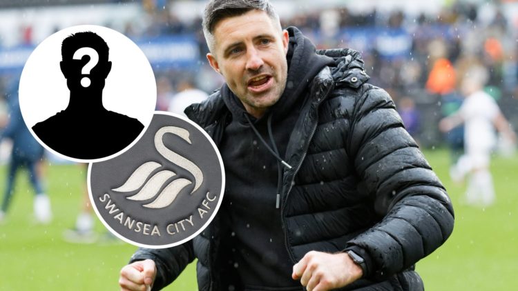 Swansea City FC head coach Alan Sheehan celebrates after a Championship game. Inset, the Swansea City FC badge and a mystery player