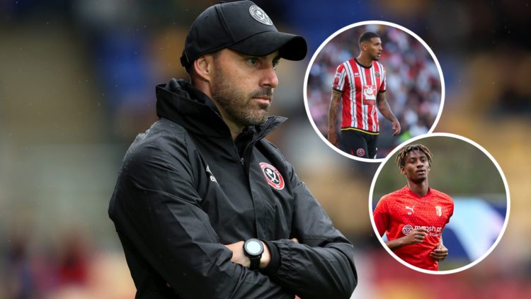 An image of Sheffield United boss Ruben Selles with insets of Vini Souza and Braga's Djibril Soumare