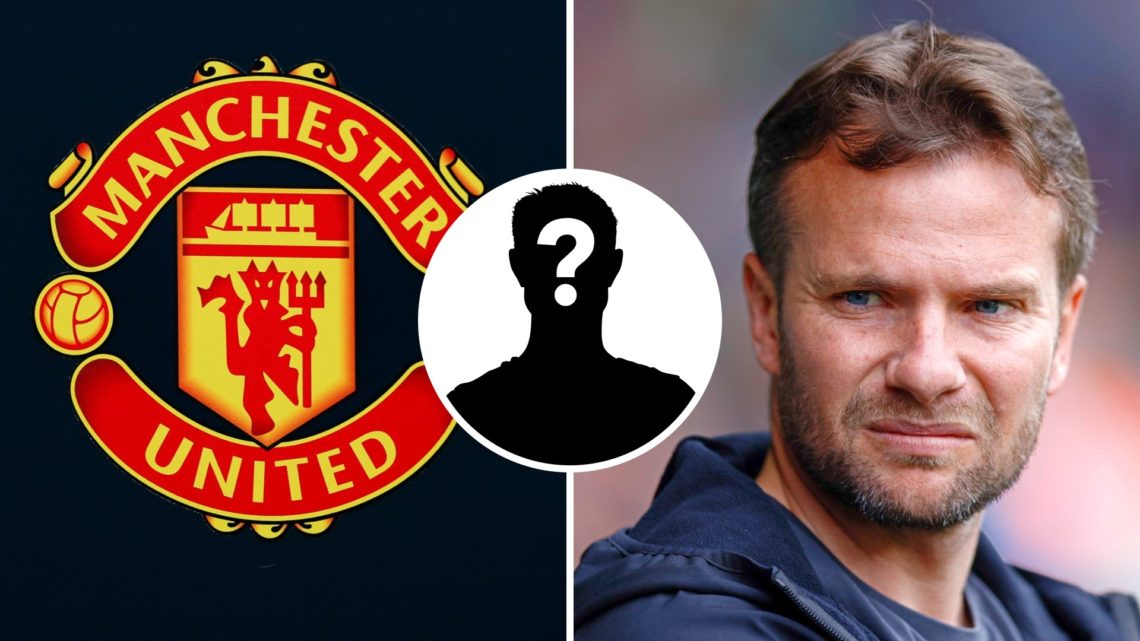 Manchester United badge, and Plymouth Argyle FC manager Tom Cleverley. Inset, a mystery player