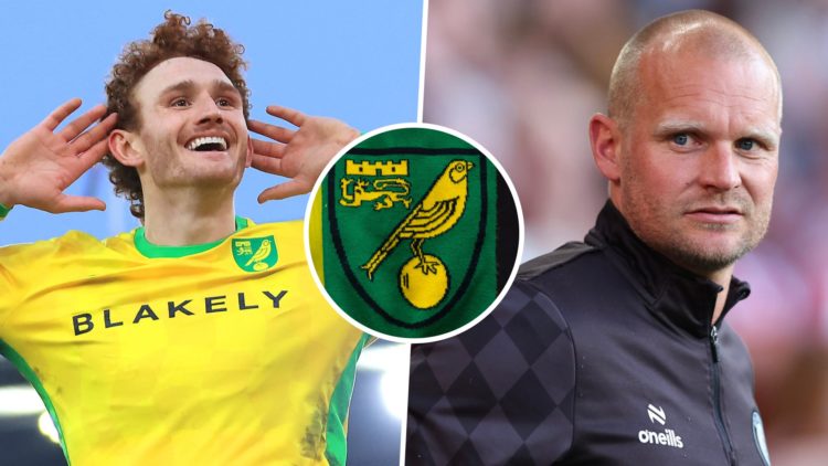 Norwich City FC striker Josh Sargent celebrates after scoring in the Championship. Liam Manning reacts during time as Bristol City FC manager. Inse...