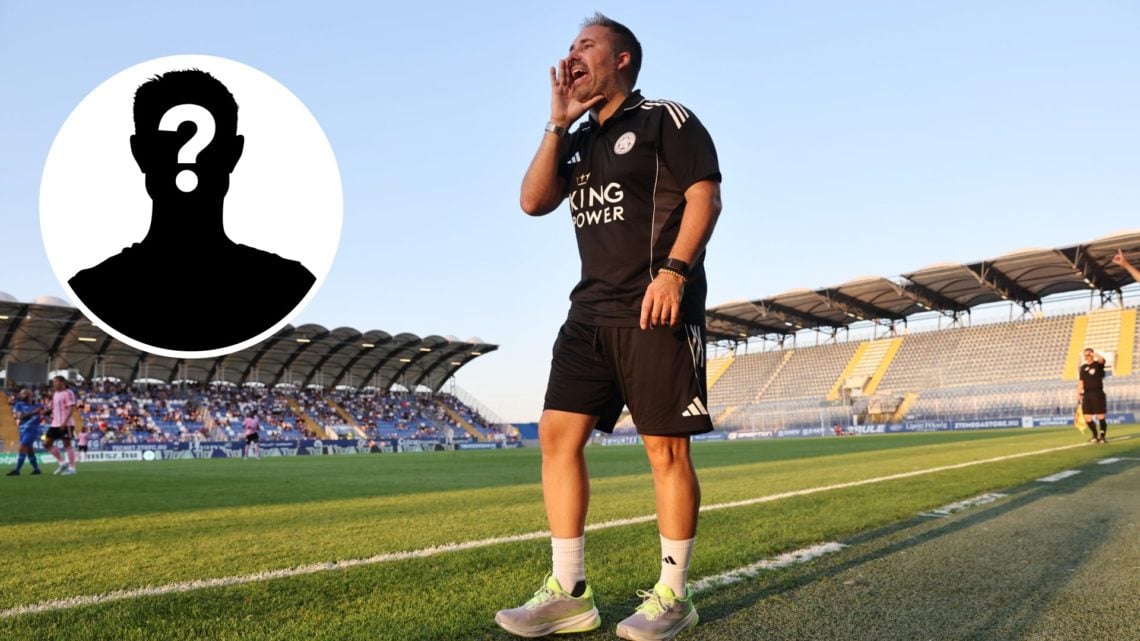 Marti Cifuentes shouts instructions during Leicester City's pre-season friendly vs Zalaegerszegi TE, an inset of a mystery man