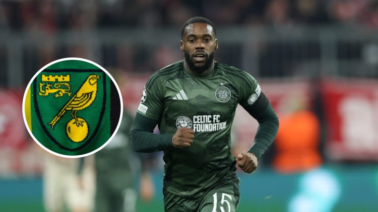 Jeffrey Schlupp of Celtic F.C. seen during the UEFA Champions League 2024/2025 match between FC Bayern Munich and Celtic F.C. Inset, Norwich City b...
