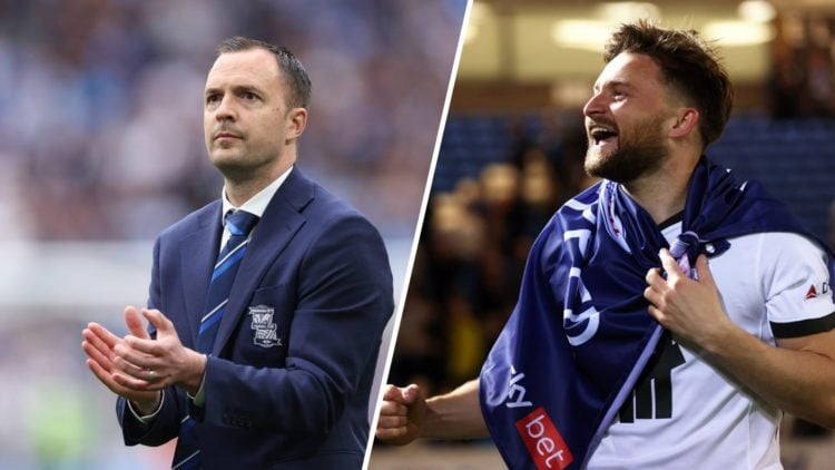 Chris Davies after defeat in Birmingham City v Peterborough United: Vertu EFL Trophy Final (L). Alfie May of Birmingham City celebrates promotion t...