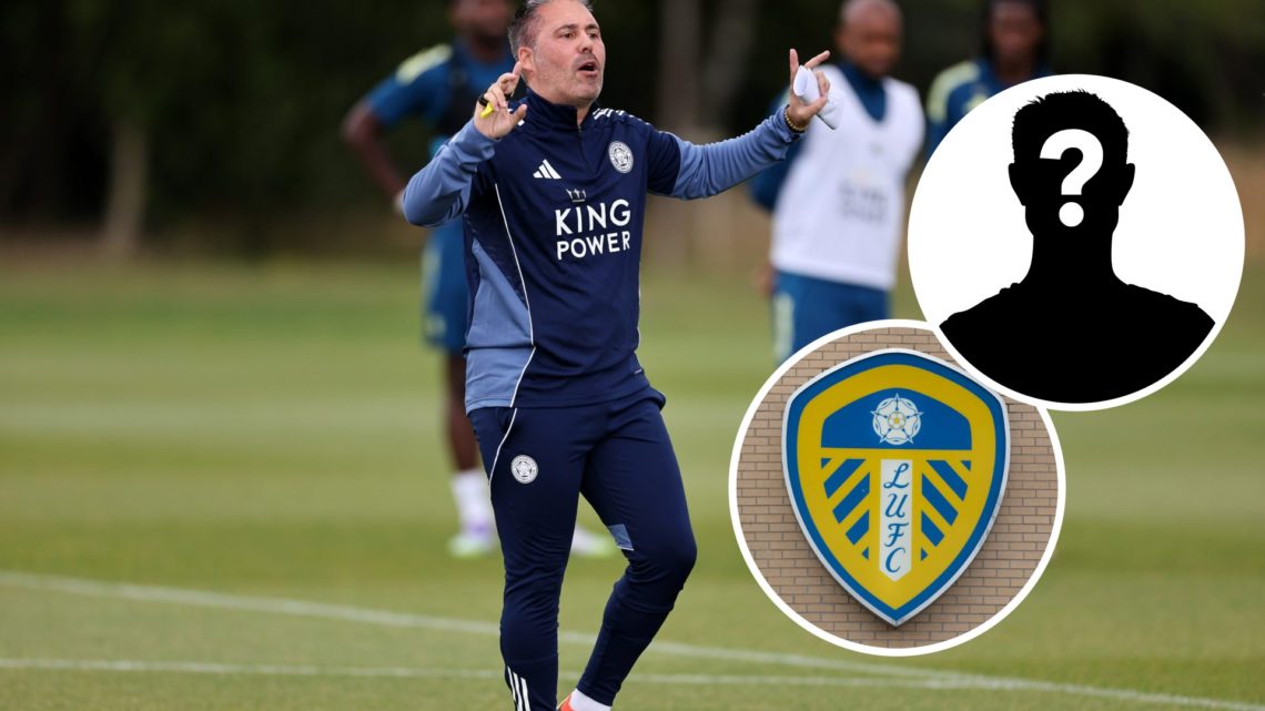 Marti Cifuentes, Manager of Leicester City during the Leicester City training session. Inset, Leeds United badge. Inset, Mystery Player