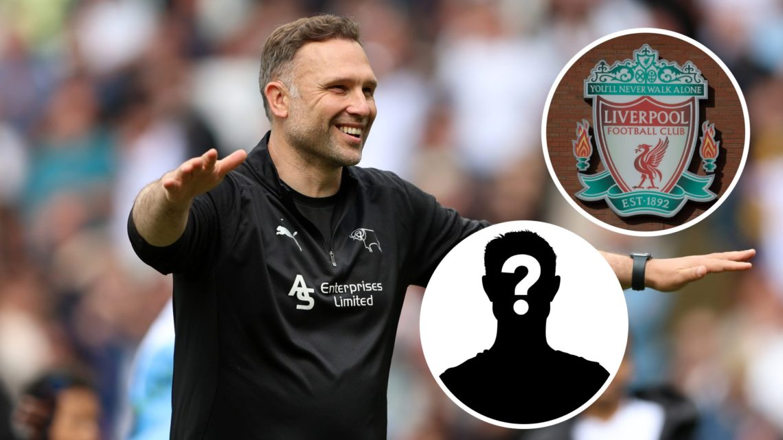 John Eustace, Manager of Derby County, celebrates avoiding relegation after Derby County draw 0-0 with Stoke City. Inset, Liverpool badge. Inset, M...