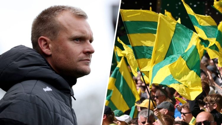 Liam Manning Norwich manager. Norwich City fans during game.