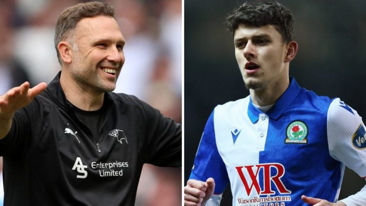John Eustace, Derby County manager. Owen Beck playing for Blackburn Rovers.