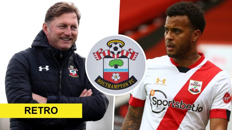 Ryan Bertrand during a Premier League game for Southampton in 2021, and former Southampton FC manager Ralph Hassenhuttl. Overlaid, the Southampton ...