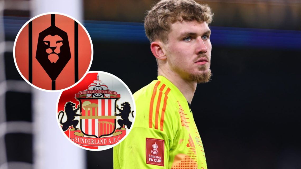Matty Young reacts during FA Cup game for Salford City against Manchester City. Inset, the Sunderland AFC badge and Salford City FC badge