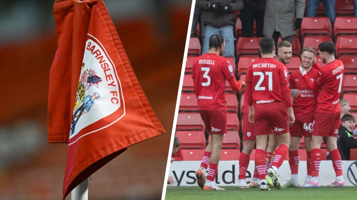 A general view of Oakwell Stadium (left), Davis Keillor-Dunn of Barnsley celebrates (right)