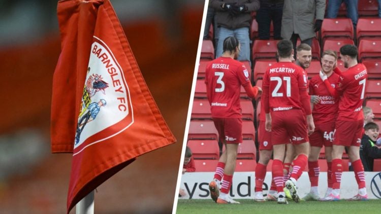 A general view of Oakwell Stadium (left), Davis Keillor-Dunn of Barnsley celebrates (right)