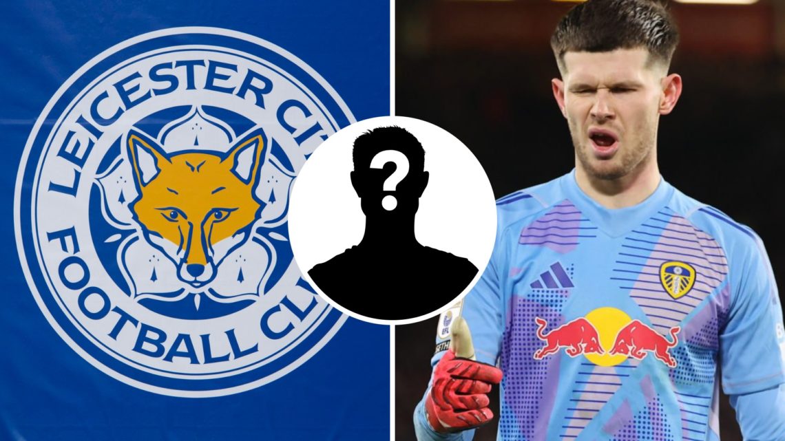 Leicester City FC badge, and Leeds United goalkeeper Illan Meslier reacts during a Championship game against Sheffield United. Overlaid, a mystery ...
