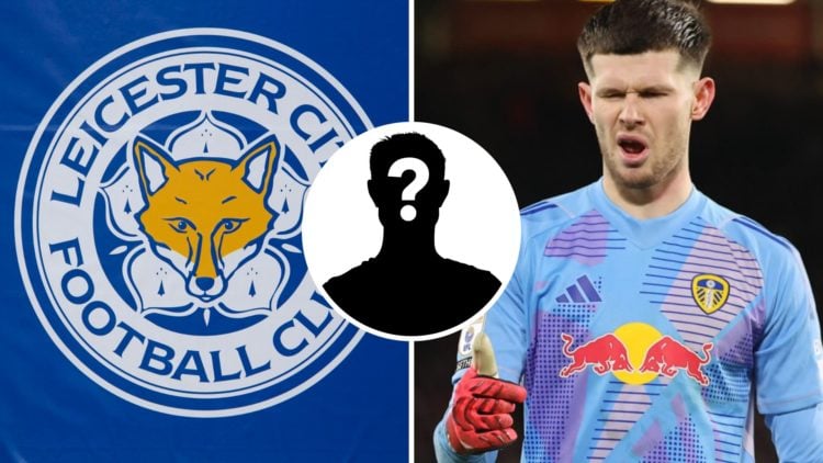 Leicester City FC badge, and Leeds United goalkeeper Illan Meslier reacts during a Championship game against Sheffield United. Overlaid, a mystery ...