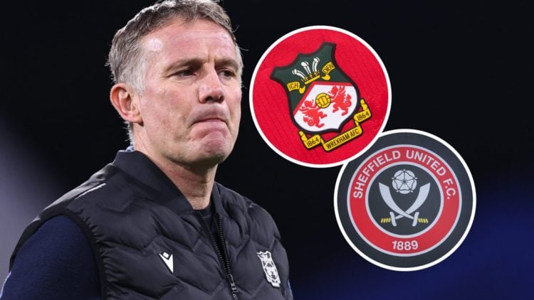 Wrexham AFC manager Phil Parkinson reacts during a League One game. Inset, the Wrexham AFC badge and the Sheffield United FC badge