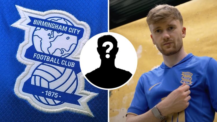 Birmingham City FC badge and Tommy Doyle points to the Birmingham City FC badge after joining on loan from Wolverhampton Wanderers. Inset, the Birm...