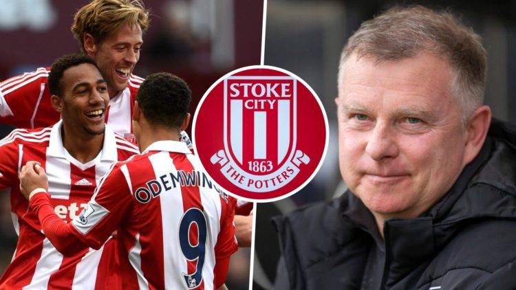 Steven Nzonzi celebrates with teammates after scoring for Stoke City in 2014, and Stoke City FC manager Mark Robins. Inset, the Stoke City FC badge