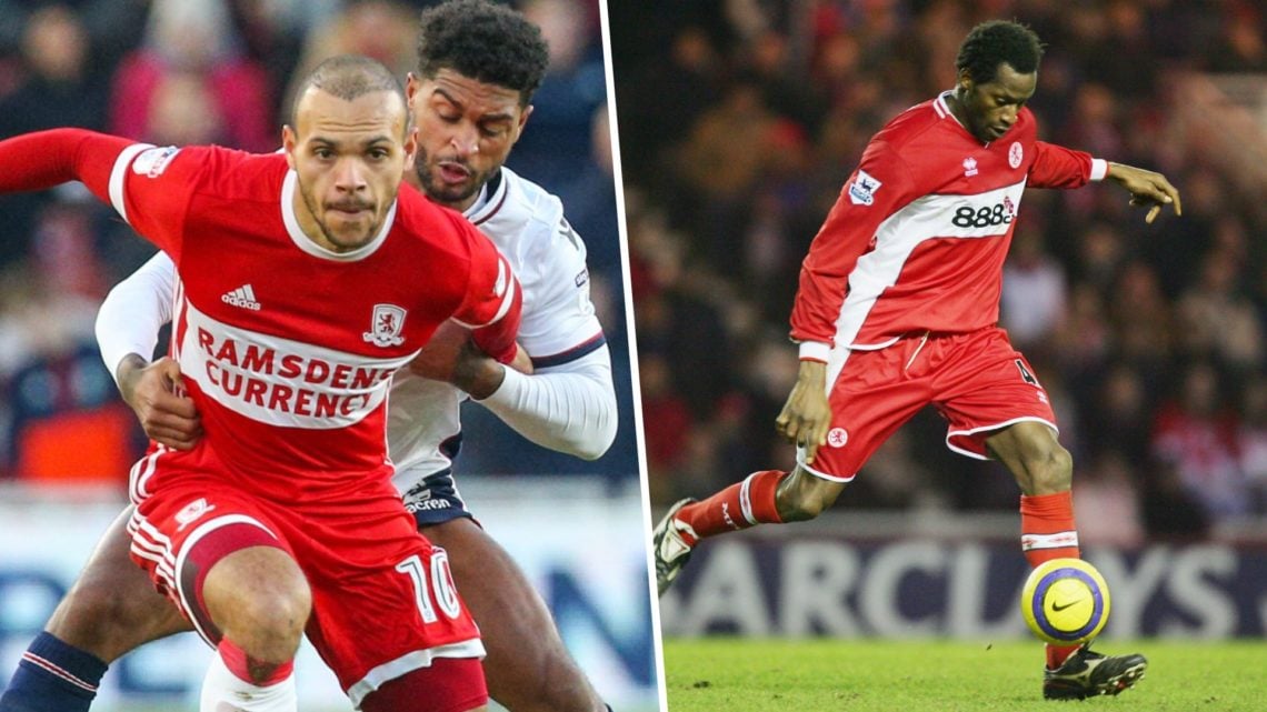 Middlesbrough's Martin Braithwaite holds off the challenge from Bolton Wanderers' Mark Little during the Sky Bet Championship match between Middles...