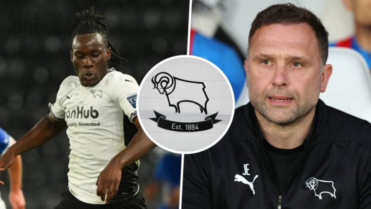 David Ozoh in action for Derby County on loan from Crystal Palace, and Derby County FC manager John Eustace. Overlaid, the Derby County FC badge