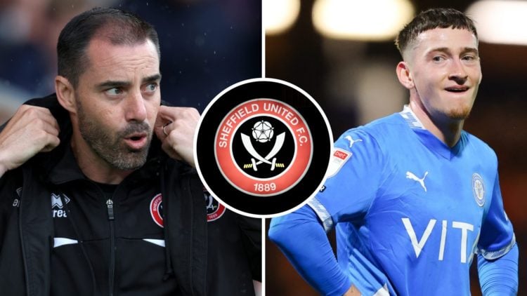 Sheffield United FC manager Ruben Selles during a pre-season friendly, and Louie Barry reacts on loan at Stockport County FC. Inset, the Sheffield ...