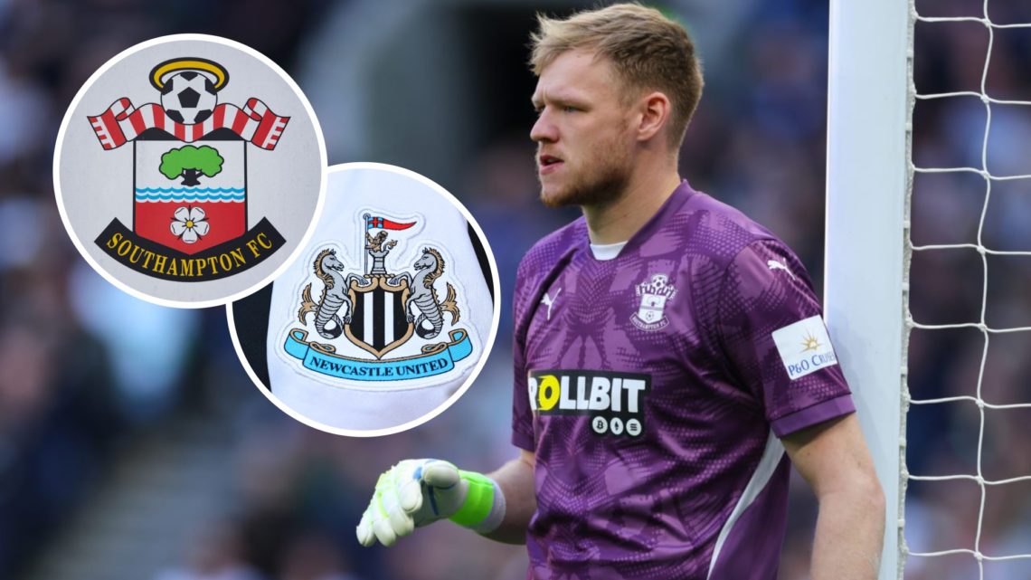Aaron Ramsdale in action for Southampton FC in the Premier League. Inset, the Newcastle United FC badge and the Southampton FC badge