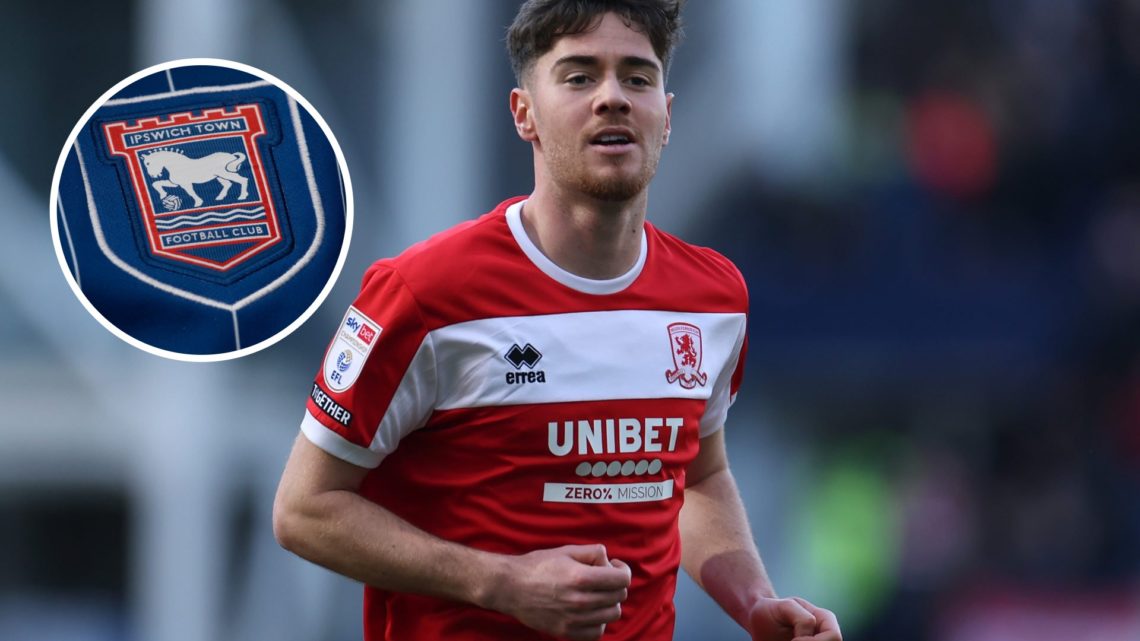 Hayden Hackney in action for Middlesbrough FC in the Championship. Inset, the Ipswich Town FC badge